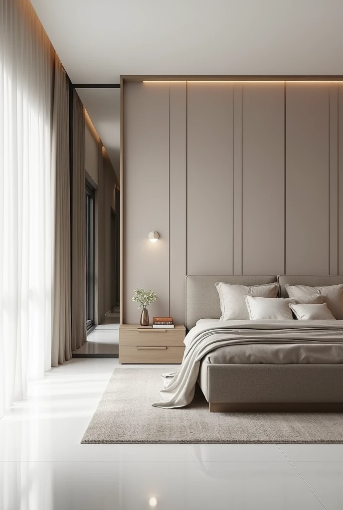 Modern bedroom design with white floor and broad complex backborad
More complex