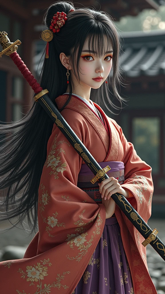 Create a photorealistic full-body image of a female character inspired by the medicine seller from 'Mononoke' in the 'Karakasa' arc, as if it were from a live-action adaptation. She has long, flowing black hair styled elegantly, and her face is adorned with traditional geisha-style makeup. Include the same sharp, artistic orange eye makeup with small red gems near the eyes, and a delicate pink lip color. She is holding a sword inspired by the Taima sword from a specific reference image, with intricate designs and a demonic face on the hilt. The woman is dressed in a traditional yet intricately designed kimono with rich, textured fabrics, blending deep reds, purples, and golds. The background depicts a traditional Japanese setting with a supernatural atmosphere, such as a haunted temple or a misty forest. The overall mood should be mysterious and eerie, capturing the full essence of the character in her environment.