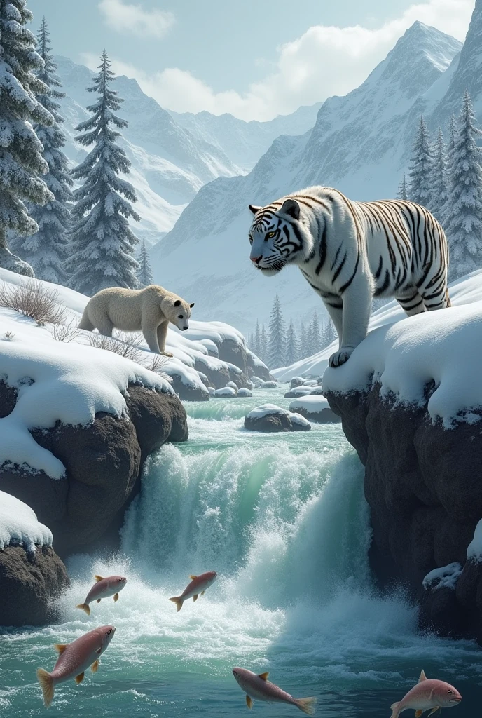 It generates a hyper-realistic image of a snow tiger in a mountain valley, intending to hunt prey. The tiger must be observing the prey, with its very lush black and white fur in the snowy environment. where it crosses a river of crystalline greenish and white soft waters that flows with rapid currents of not very deep waters, with a waterfall that arrives in a series of rapids in the river, where there are many jumping salmon trying to escape from a majestic grizzly bear, standing on two legs with a large salmon in its mouth, showing the strength and ferocity of life, even in the mountains due to the white blanket of snow.
It generates a hyper-realistic image of a snow tiger in a mountain valley, intending to hunt prey. The tiger must be observing the prey, with its very lush black and white fur in the snowy environment. where it crosses a river of crystalline greenish and white soft waters that flows with rapid currents of not very deep waters, with a waterfall that arrives in a series of rapids in the river, where there are many jumping salmon trying to escape from a majestic grizzly bear, standing on two legs with a large salmon in its mouth, showing the strength and ferocity of life, even in the mountains due to the white blanket of snow.