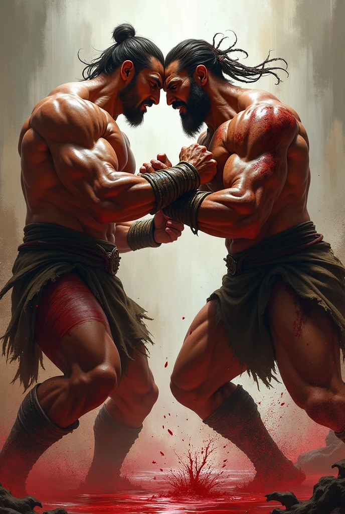Two great warriors are fighting each other holding their face fight ,great bodies with six pack muscular bodies and blood on their bodies ,in that area blood flows like small water river