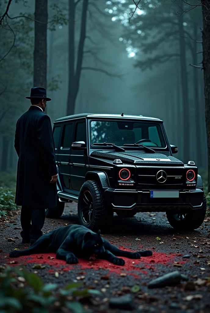 A mafia with black g wagon in forest raning and red blood on the car at night in front of car an black panther eating dead body