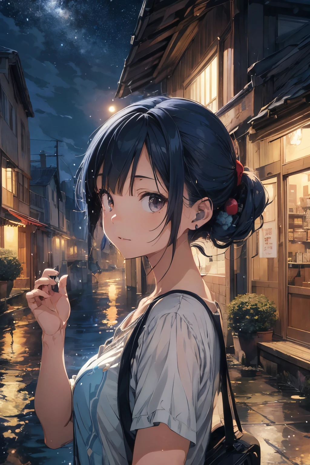 ((Highest quality)), ((masterpiece)), (detailed), Ghibli-style anime woman with earphones、Age is 2、Her hair is blue and medium length、reading、machine、Ghibli-style illustrations、Rain and water drops、night、City Pop、LOFI&Chill