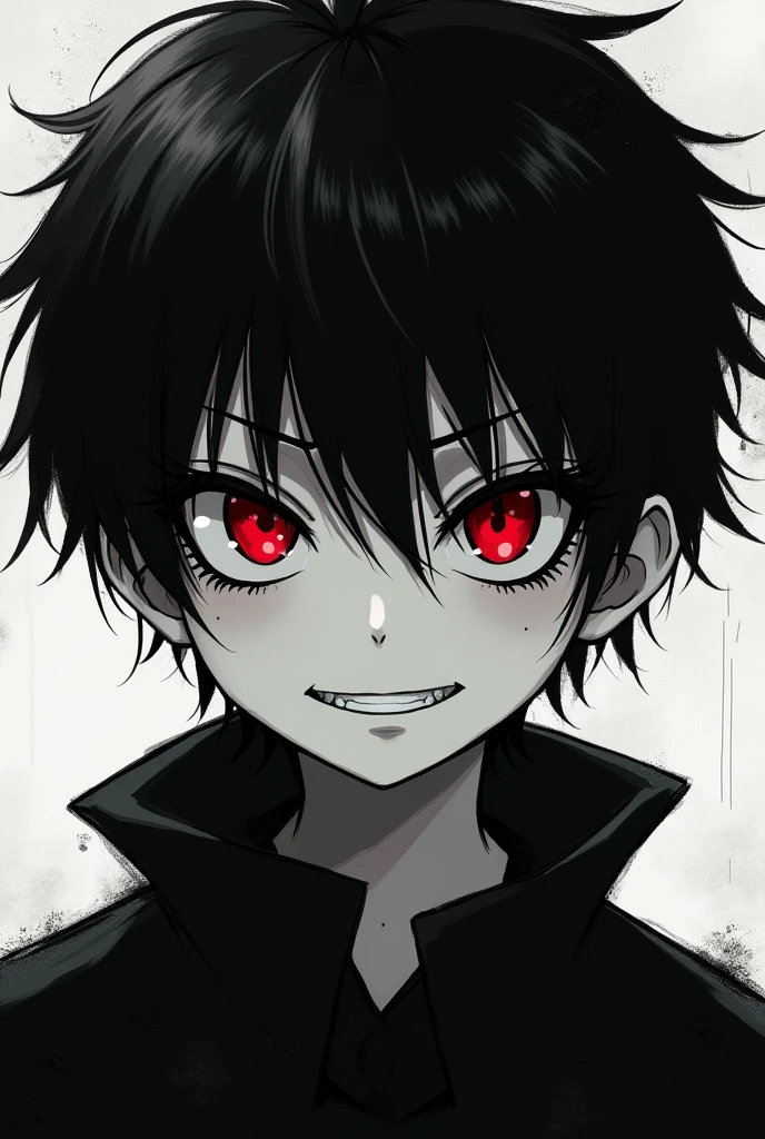 Black and white creepy anime boy with black sclera and red pupil and a creepy smirk
