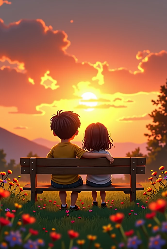 A boy and a girl sitting together on a bench. A bench is on the grass and grass is covered with beautiful colourful flowers. A boy and a girl saw sun setting