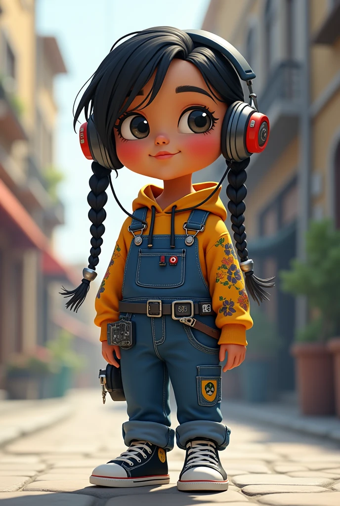 我想要one人卡通人物。one,Height 150cm,There are two long and handsome black braids,Head-mounted high-tech style headphones。Wearing dark blue overalls and a floral sweatshirt,There are many cool accessories on the overalls。Wearing a pair of black canvas shoes。看似是one小朋友,但实际是one满级大佬