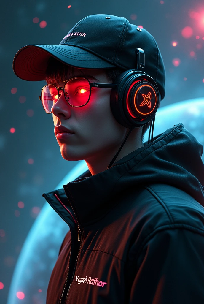A highly detailed 17 -year young man cyborg, with a focus from the shoulders up, looking face to face the camera. The cyborg should have a futuristic and sleek appear, and neon glowing cybernetic implants. Include cyberpunk technology elements, such as cyberpunk-style glasses and headphones. His eyes should be red glowing and enigmatic, with an expression suggesting contemplation or curiosity. The background should be a dark cosmic setting with a cinematic and professional style, incorporating deep space elements like stars and nebulae. The transition between the cyborg's technology and the cosmic background should be smooth and harmonious, creating a striking and immersive visual contrast, the boy wearing black cap, YOGESH RATHOR name on the jaket