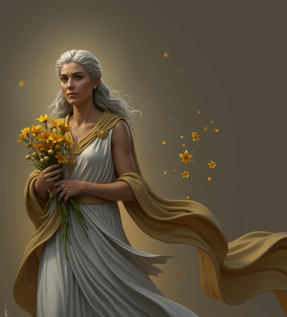 Arabian woman in white dress and blue cape holding golden flowers, greek goddess athena, golden goddess athena, goddess of greek mythology, old greek goddess, greek goddess, elderly greek goddess, goddess. Extremely high detail, 3 d goddess minerva, a stunning portrait of a goddess, athena goddess of wisdom, roman goddess, portrait of a beautiful goddess