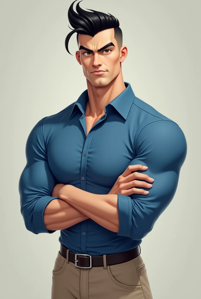 I want to create a character that looks like me, an athletic white male, slicked black hair, cut in a gradient style on one side and scissors on top, very short pompadour hair, and that this character is a person who wears formal clothing, blue dress shirt and beige pants, the character's eyes are honey colored eyes, the tone is a very light brown tone, almost white, and it is not a sensual image., but rather that it be formal, with arms crossed and serious possession, and don't forget that the hair is very short