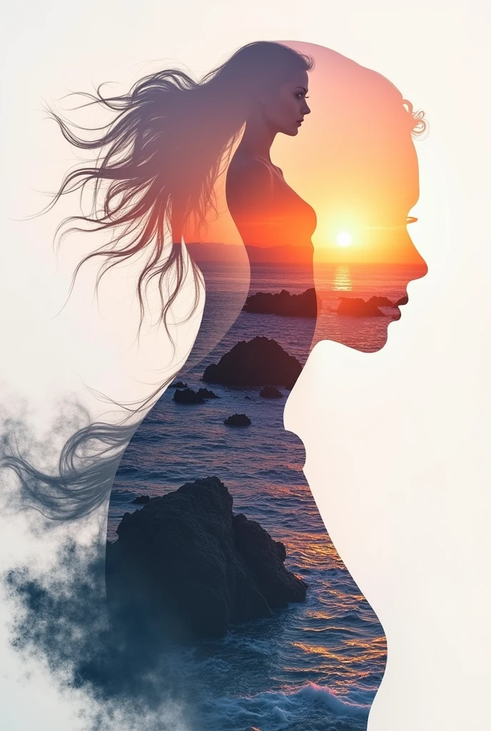 high quality, 8K Ultra HD, A beautiful double exposure that combines an goddess silhouette with sunset coast, sunset coast should serve as the underlying backdrop, with its details incorporated into the goddess , crisp lines, The background is monochrome, sharp focus, double exposure, by yukisakura, awesome full color,