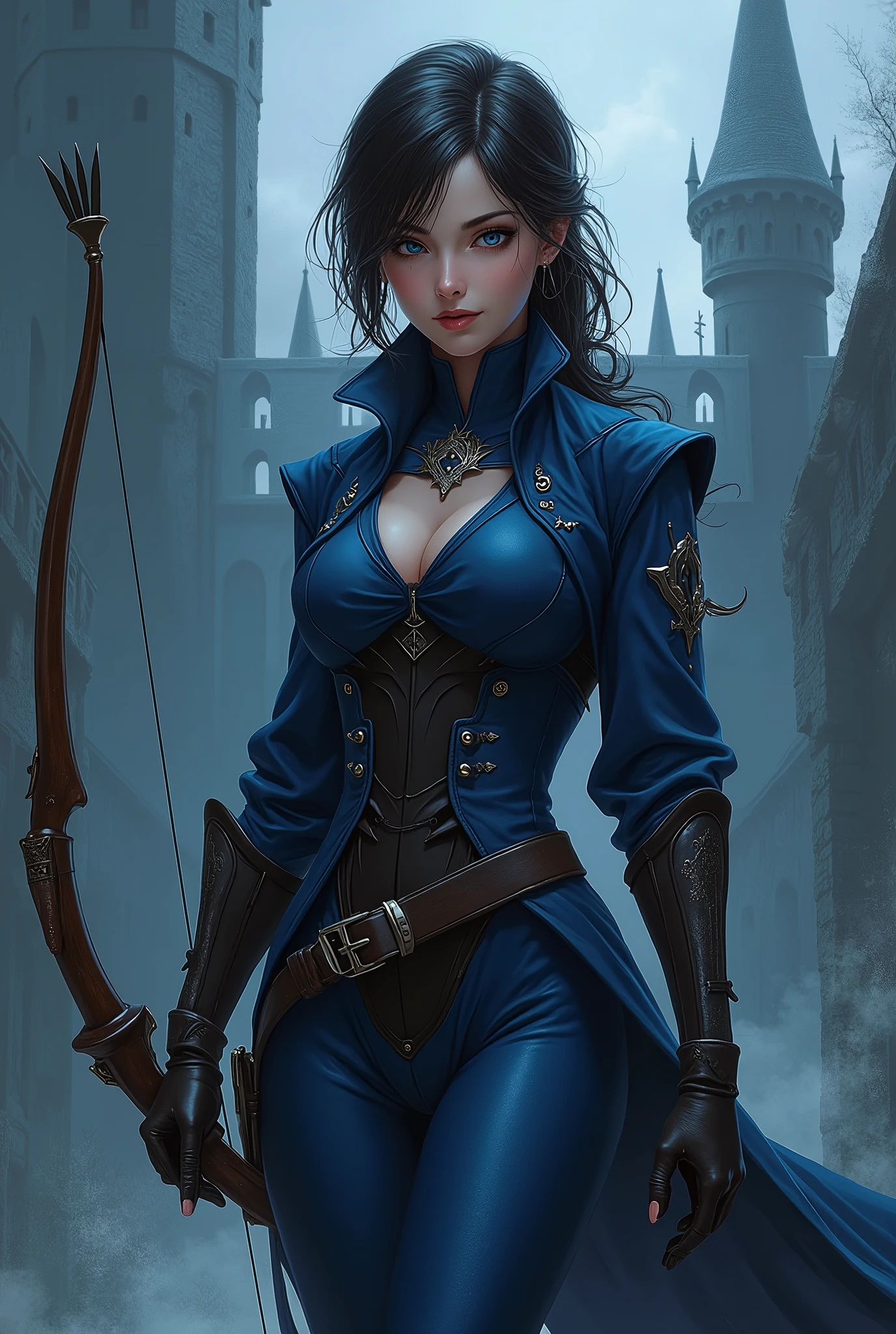 The spy girl, bow and arrows, blue suit, Leather corset, leather gloves, Hood, Leather belt, Blue eyes, anime drawing, digital drawing, dark drawing, dark castle background, Middle Ages, intrigue
