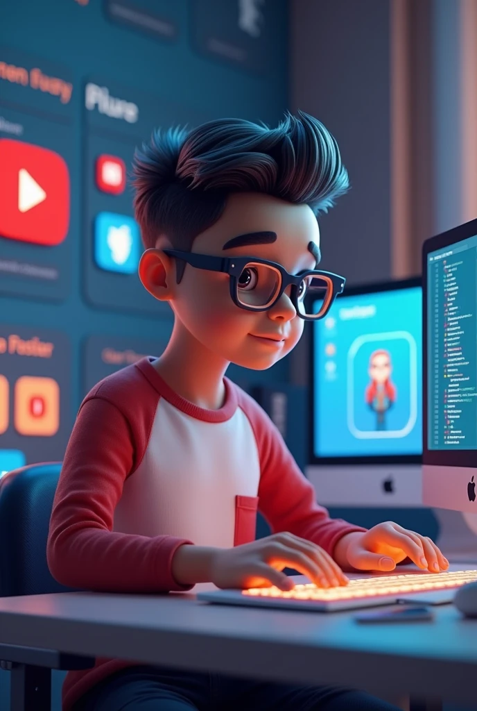 Create a 3D illustration featuring a realistic 2 beautiful Indian realistic boy busy Developing software in front of a 3D logo of “YouTube” The boy wearing Red & white casual Shirts, with glasses , Undercut hair style, The background of the image should showcase a social media profile page and the username “YOUTUBE ” and a matching profile picture and modify it according to your perspective.
