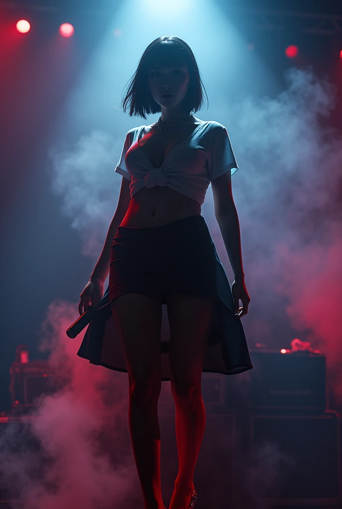 A cleavage big enough to hold a penis、Japanese women、Satomi Ishihara、Female vocalist with short bob hair、Wearing a T-shirt、Skirt flip、Solo artist、live house、Lots of stage smoke、Bright lighting、Thick eyelashes、Extensions、Smoking、Holding a microphone on stage
