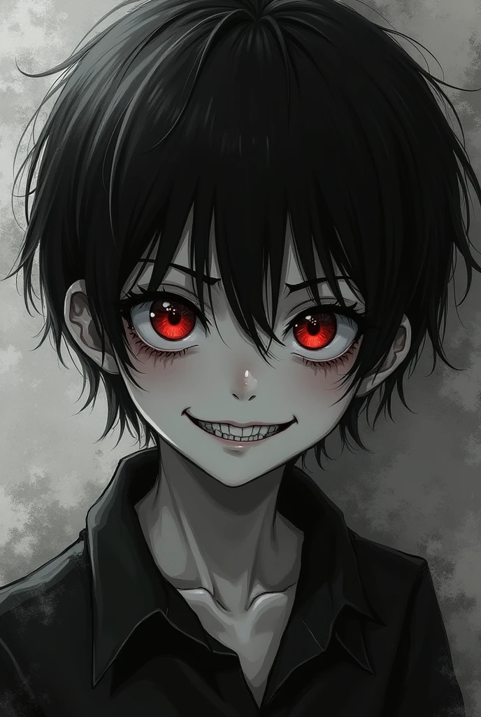 Black and white creepy anime boy with black sclera and red pupil and a creepy smirk
