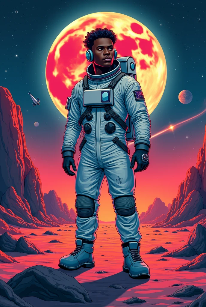 30 years old, black man, chocolate-colored skin, astronaut, outside of international space station, space walk, male, fully naked, stubble, huge muscles, mature man, muscle swelling, bodybuilding, chest muscles, abs, natural light, black skin, black man, African man, 1man, sitting, floating in space, impressive view of the universe, solar system