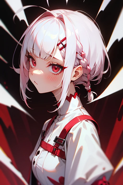 Short white hair, blush, Gothicta、Punk Fashion、Headbang 2.、White and red clothes、Braiding、2 hair clips、