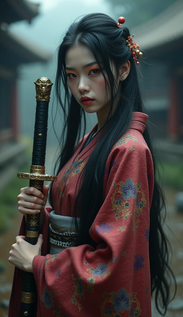 Create a photorealistic full-body image of a female character inspired by the medicine seller from 'Mononoke' in the 'Karakasa' arc, as if it were from a live-action adaptation. She has long, flowing black hair styled elegantly, and her face is adorned with traditional geisha-style makeup. Include the same sharp, artistic orange eye makeup with small red gems near the eyes, and a delicate pink lip color. She is holding a sword inspired by the Taima sword from a specific reference image, with intricate designs and a demonic face on the hilt. The woman is dressed in a traditional yet intricately designed kimono with rich, textured fabrics, blending deep reds, purples, and golds. The background depicts a traditional Japanese setting with a supernatural atmosphere, such as a haunted temple or a misty forest. The overall mood should be mysterious and eerie, capturing the full essence of the character in her environment.