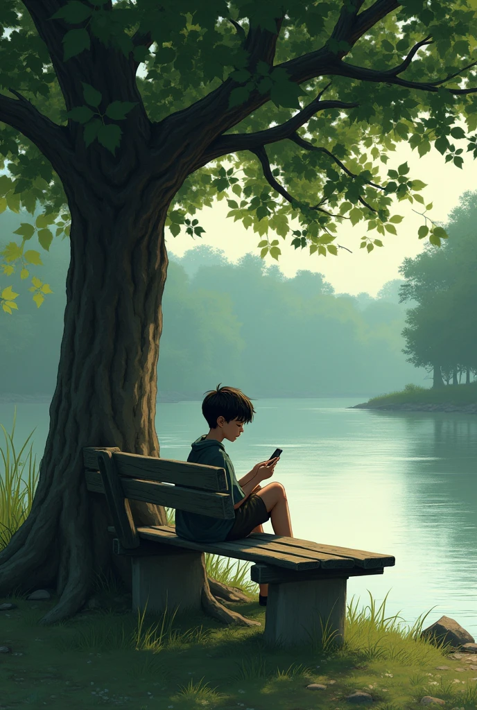A boy is sitting on a toll under a tree on the bank of a river looking sad with a mobile phone