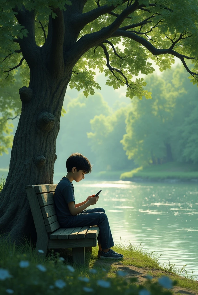 A boy is sitting on a toll under a tree on the bank of a river looking sad with a mobile phone