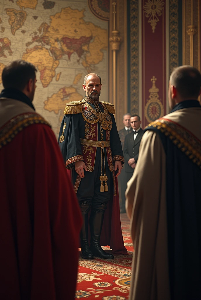A dramatic scene of Russian Tsar Nicholas I in his grand palace, angrily discussing with diplomats about the protection of Orthodox Christians in the Ottoman Empire; the room filled with historical maps and symbols."