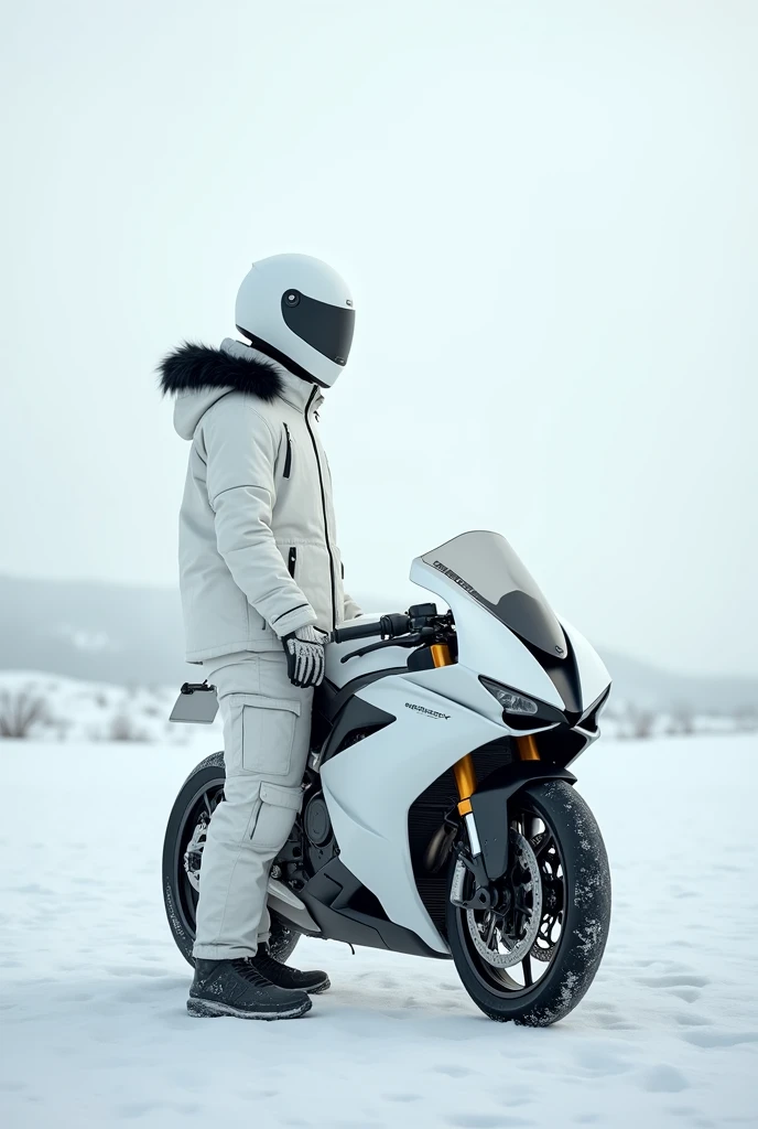 alone, male, standing, white winter jacket, hood up, white cargo pants, black fur around hood, white moter cycle helmet, white motorcycle, 18, fit, best quality