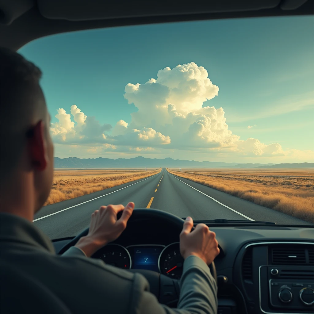 A cinematic representation of a man driving alone on a highway heading south, under a vibrant blue sky dotted with white clouds. The scene is captured in 4K resolution, with an emphasis on the realistic textures of the car and the environment. The camera uses a wide-angle lens to capture the vastness of the road and the sky, slowly shifting focus to the man’s thoughtful expression. Image clarity is enhanced to bring out the minute details, and a smooth tracking shot is employed to maintain the dynamic movement of the scene.