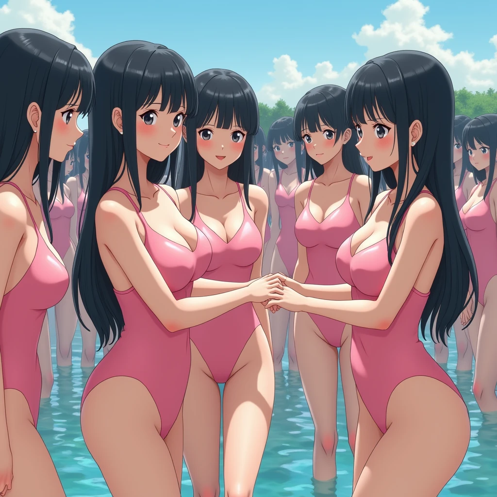 (((((Japanese Clone-girls=Myself))))), (((Super Best masterpiece Clone-girls Raw Photography Art))), (((16K, Highest quality, Ultra-high resolution, RAW Photos))), (((It's so unrealistic., With unparalleled depiction, With an unfathomable sight, An unprecedented and shocking worldview, Clone-girls: In a world of mass reproduction, Ultra-realistic))), (((Japanese Girls, Sasaki Nozomi, 28yo, Small face, Thick black hair, Medium to long hair, Dark Eyes, Mature face, Cute Smile, Smiling face, A gentle gaze, (((Very happy laughter)))))), (((Very beautiful detailed girls, Accurate body structure, Accurate body movements, Very detailed body, (((Super big breasts, Large bulge of ample breasts)))))), (((Pink swimsuit, Cleavage Emphasis, Emphasise the fullness of your breasts))), ((((((((Very detailed, Myself cloning, Depiction of splitting oneself, 1Myself girl→1,000,000,000,000,000,000,000,000,000,000Myself cloning girls)))))))), (((((((Myself clone-girlsから, Myself keeps multiplying, (Very detailed and intricate, To the exact, Flawless, (((In the same female body,With the same face, With the same hairstyle, In the same clothes, At the same height, 同じSuper big breastsである))), In a detailed depiction), 1,000,000,000,000,000,000,000,000,000,000 people))))))), (((((Myself girls only))))), (((((1,000,000,000,000,000,000,000,000,000,000Myself girls))))), (((((Very detailed depiction, Multiple or more Myselves, Physical contact, Pleasant conversation, Holding hands, Hug, walk, Turn around, Shift your gaze))))), (((Very detailed, Extremely crowded, Body-to-body contact with no gaps))), (Bright and soft light), (((((Clear and accurate perspective depiction, super wide view, Ultra-wide field of view, Focus on the average value of the image))))), Having fun at the water's edge, Get wet