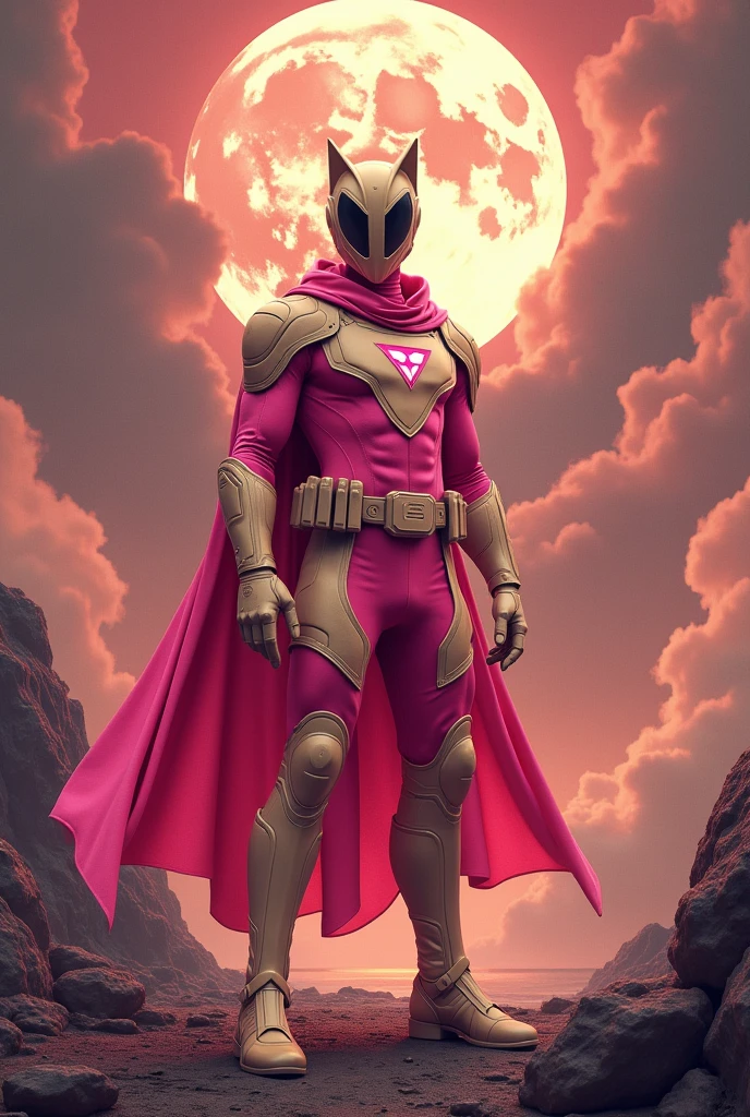 high-tech suit, posterize effects, malaysian superhero (KELUANG MAN) in a striking reverse color pink and biege costume stands confidently in a dramatic, stormy landscape. The character wears domino mask beige a helmet beige with pointed ears beige and a flowing cape beige color. Pink jumpsuit cyberpunk concept.. Equipped with beige visible futuristic weapons on a belt, they exude a powerful presence against a backdrop of swirling clouds and a red hue sky. The ground is uneven and rocky, adding to the intense atmosphere. Triangle shape logo on chest. Logo punisher on chest pink color.. --ar 3:4 --style raw --stylize 500 --v 6.1. red pink and beige costume,night scene. Big moon background