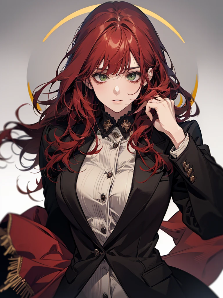 green eyes, red hair with long bangs, noble, mafia. sadistic women, wavy long hair. wear black purple jacket. strong woman. background in mansion