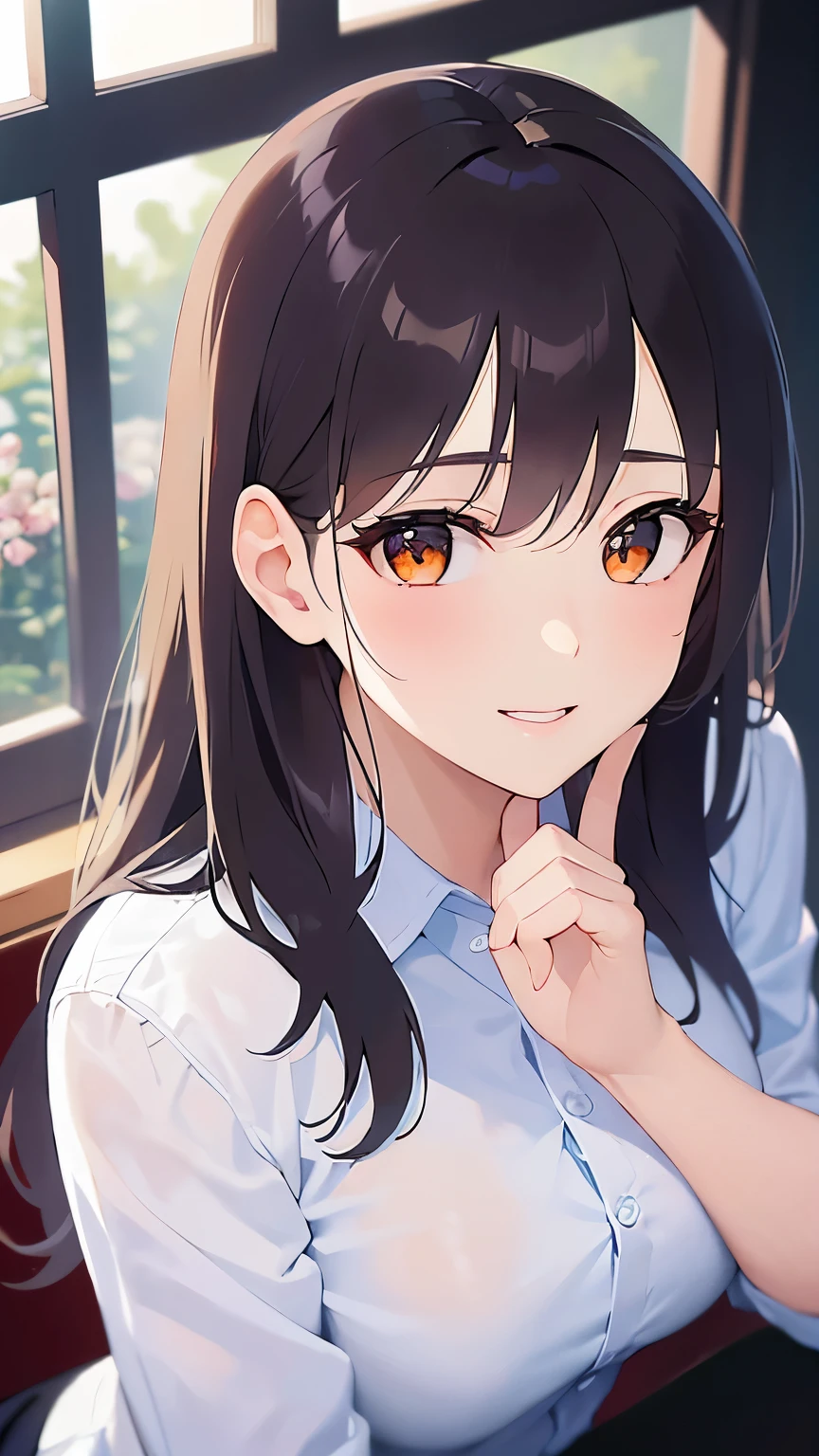 looking up, Shooting from above、hand on own chin, Biologically correct five fingers、Upper Body, Realistic, real person, (pale skin: 1.2), RAW photo, photorealistic, shiny skin, shiny hair、(A 2 woman with medium-length hair and bangs) and (wavy hair) and (brown hair) and (orange eyes) , White collared shirt、smile, Background is an office room、Alone、Are standing