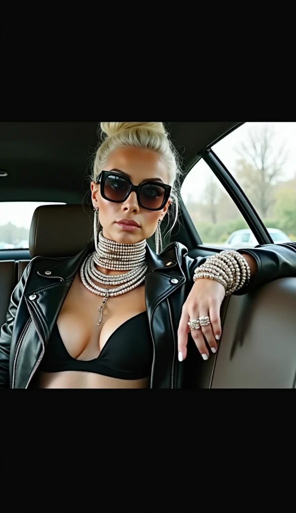 russian milf woman, platinum blonde hair (high pouf, top bun) witth oversized square sunglasses as headband, with very light blue eyes, extremely pale. Wearing cropped black moto jacket, black bikini, knee high boots. lounges on the back seat of a limo. Wears lot of big pearl necklaces, collars and metallic bracelets