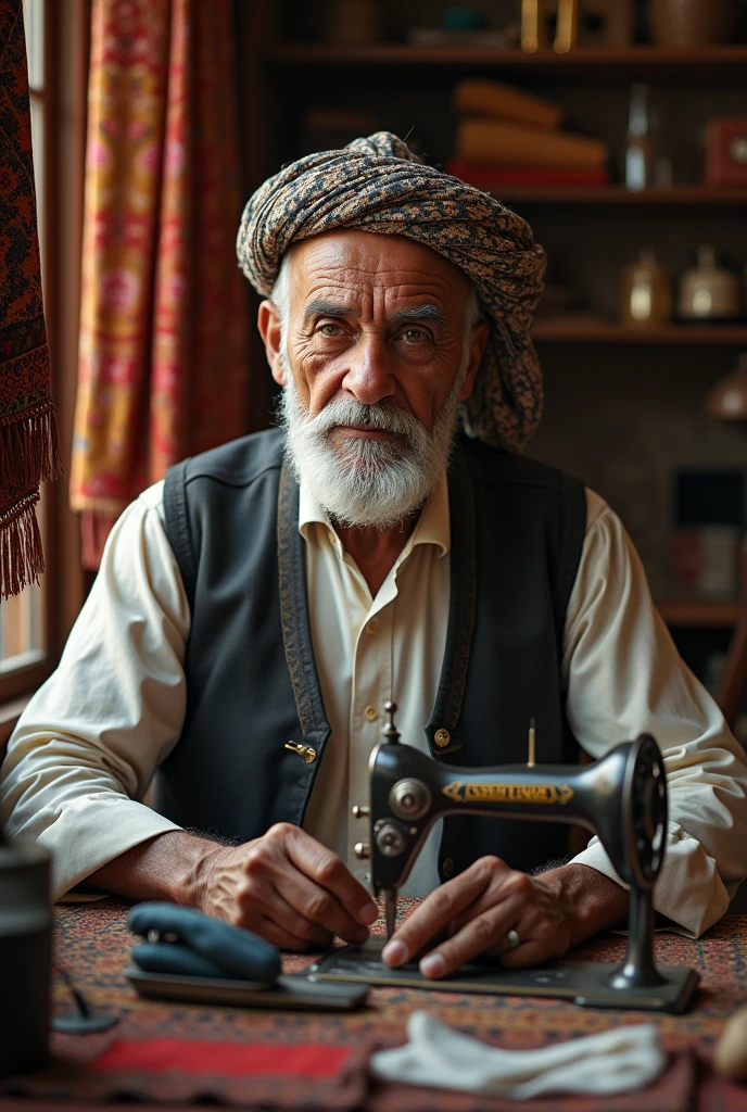 Old arabic man tailor looking at photographer
