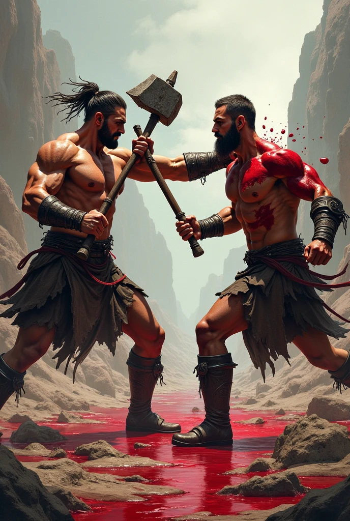 Two great warriors are fighting each other holding their mace fight ,both holding their maces and fight each other ,great bodies with six pack muscular bodies and blood on their bodies ,in that area blood flows like small water river