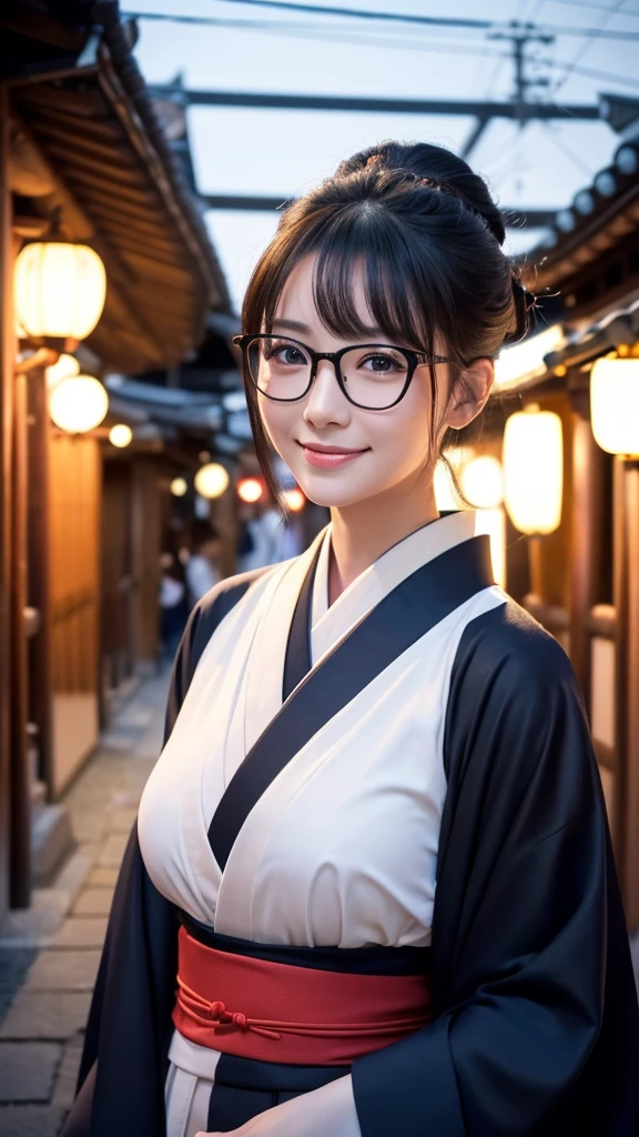(Super beautiful woman in kimono)、((highest quality、8K masterpiece:1.3))、sharp focus:1.2、(super beautiful face:1.0)、(shiny skin:1.0)、realistic pictures、black hair、video lighting、High resolution eyes and face、video lighting、japanese actress、from the front、big breasts、with a happy smile、Slender abs beauty、whole body、wearing a kimono、in Kyoto、(((luxury obi)))、In Kyoto at night、wearing glasses with no edge、with a fan、Fireworks Display