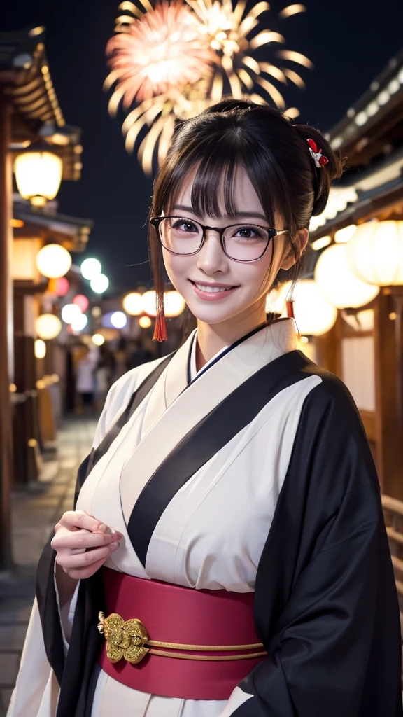 (Super beautiful woman in kimono)、((highest quality、8K masterpiece:1.3))、sharp focus:1.2、(super beautiful face:1.0)、(shiny skin:1.0)、realistic pictures、black hair、video lighting、High resolution eyes and face、video lighting、japanese actress、from the front、big breasts、with a happy smile、Slender abs beauty、whole body、wearing a kimono、in Kyoto、(((luxury obi)))、In Kyoto at night、wearing glasses with no edge、with a fan、Fireworks Display