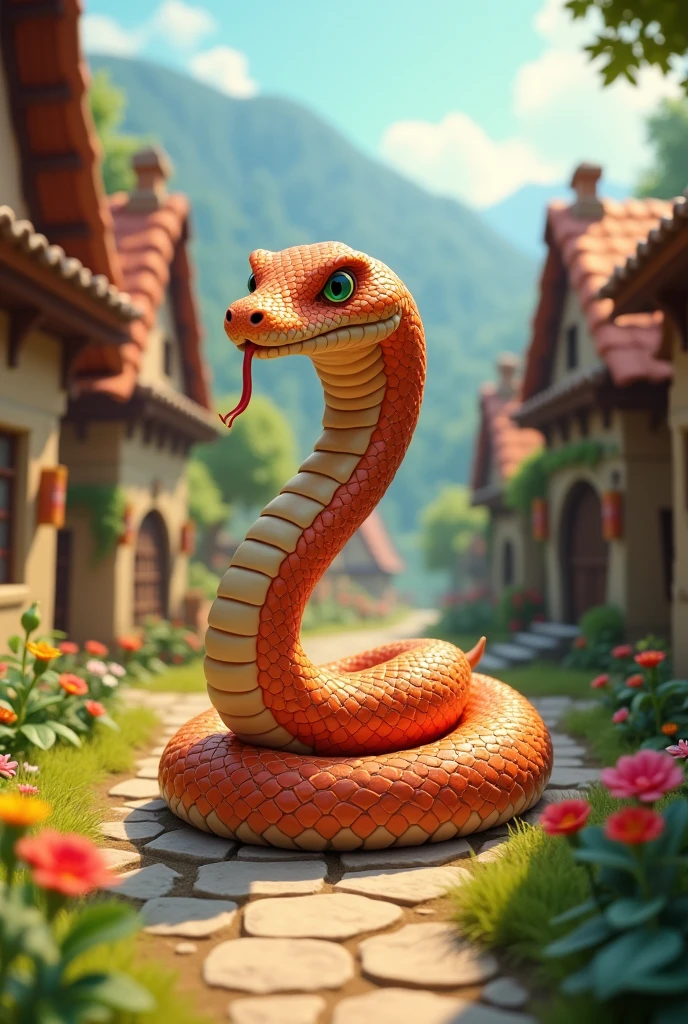 Snake in village ai 3d image cartoon type realistic