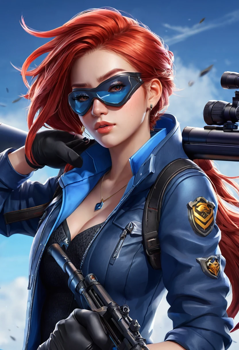 Highly detailed, 10k, 1 girl, red hair, she has eye patch, holding a sniper, mobile legends hero, lesley, feather on her upper right ear, wearing blue jacket, wearing black gloves