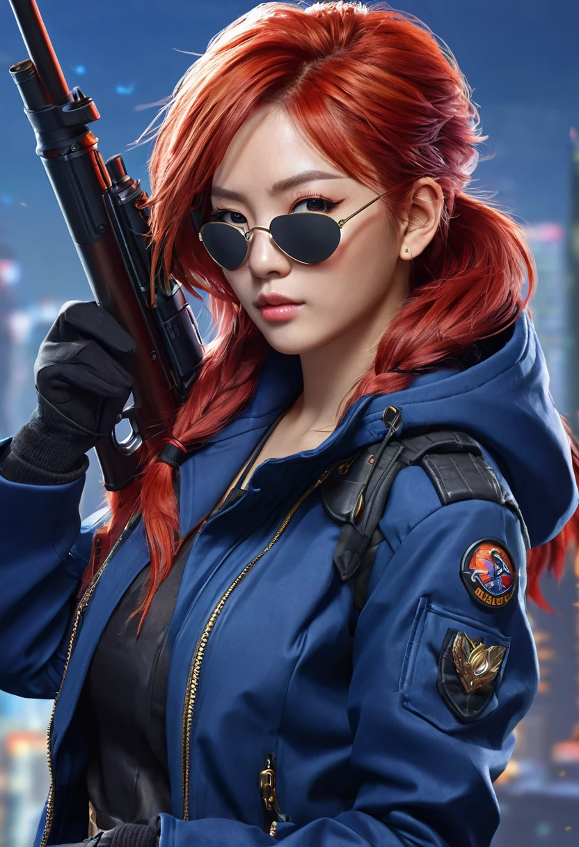 Highly detailed, 10k, 1 girl, red hair, she has eye patch, holding a sniper, mobile legends hero, lesley, feather on her upper right ear, wearing blue jacket, wearing black gloves