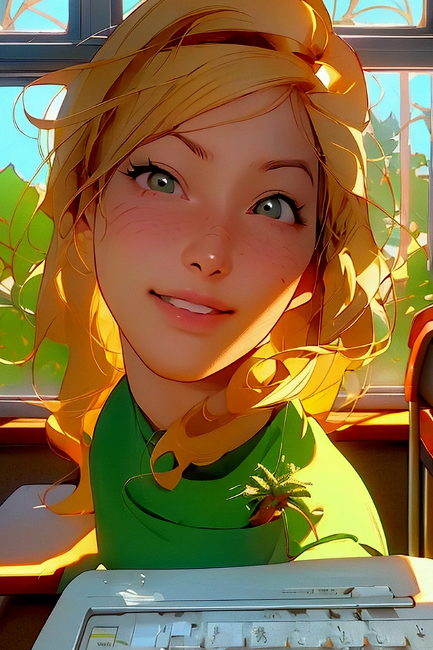 A school classroom with green plants and sunlight shining through the windows, a desk in front of it, anime style, high resolution, high quality, high detail, anime aesthetic, realistic, anime art, anime style, high details, anime, anime composition, anime style, anime illustration, anime aesthetic,