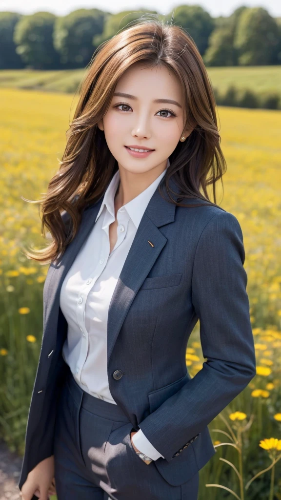highest quality、genuine、Super detailed、finely、High resolution、8k wallpaper、one beautiful woman、、、light brown disheveled hair、wearing a business suit、sharp focus、perfect dynamic composition、beautiful and detailed eyes、thin hair、Detailed genuine skin texture、smile、model body shape、In a windswept meadow