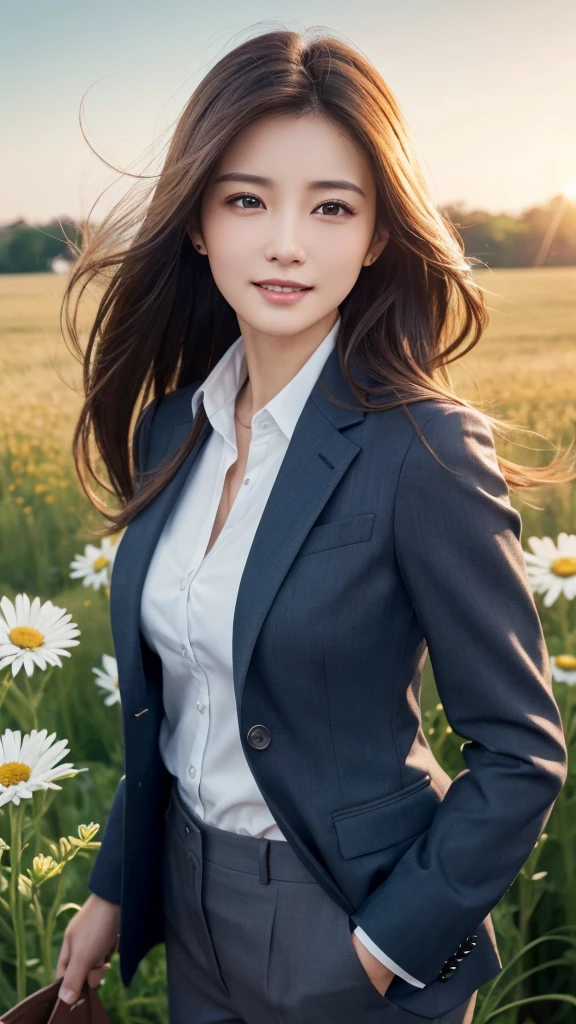 highest quality、genuine、Super detailed、finely、High resolution、8k wallpaper、one beautiful woman、、、light brown disheveled hair、wearing a business suit、sharp focus、perfect dynamic composition、beautiful and detailed eyes、thin hair、Detailed genuine skin texture、smile、model body shape、In a windswept meadow