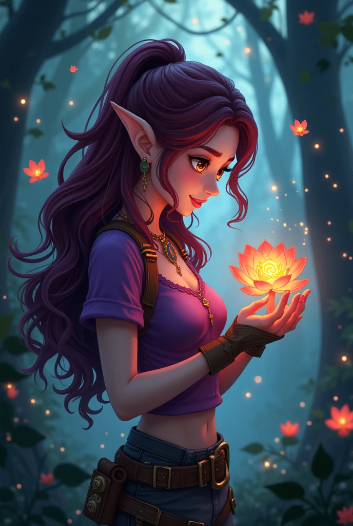 beautiful elf woman, in the dark forest, wearing purple top and adventurer clothes, burgundy layered hair, brown eyes, admiring a glowing flower in the forest, fireflies around her. Make it in anime.