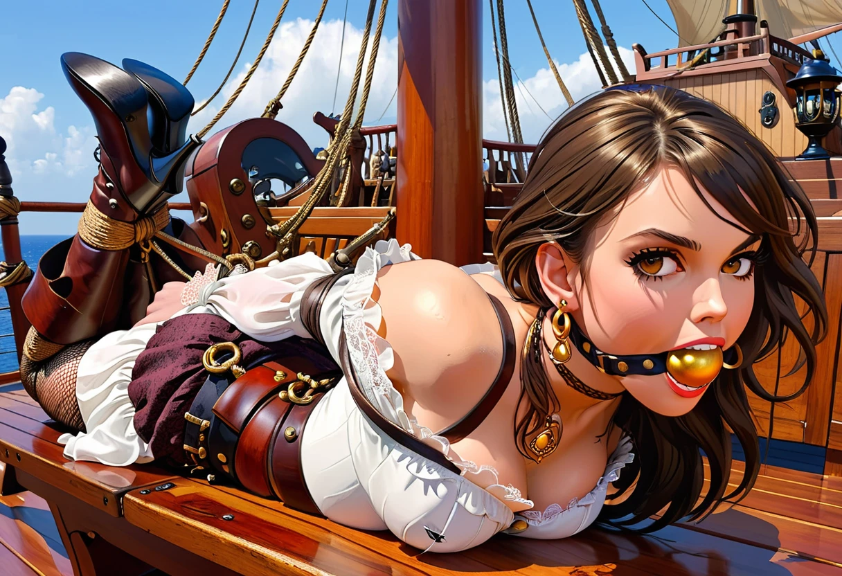 graphic novels illustration, (highly detailed:1.5), perfect anatomy, very slim, daylight, super detailed skin, beautiful detailed eyes, best quality, ultra-detailed, full view of 1girl Keira Knightley as a pirate hogtied on a bench by the ship's steering wheel, long black flowing hair, nice brown eyes, (perky large breasts), {tricorn hat adorned with a brooch, a billowy off-shoulder white blouse, a leather corset cinched at the waist, baldrics crossed over the chest, a flowing skirt with slits for mobility, sturdy leather boots that reach the knee with turned-down cuffs, fishnet pantyhose, white lacy bra, gold hoop earrings, bangles, necklaces}, modern theme, vibrant colour, shadow, contrast, refraction, perspective, depth, (good anatomy), stunning details, (background is the deck of a large pirate ship, pirates fighting during a revolt), looking at viewer, (her gaze is angry), tied, arms bound behind her back, thighs bound, feet bound, bound legs, bound ankles, golden ball gag