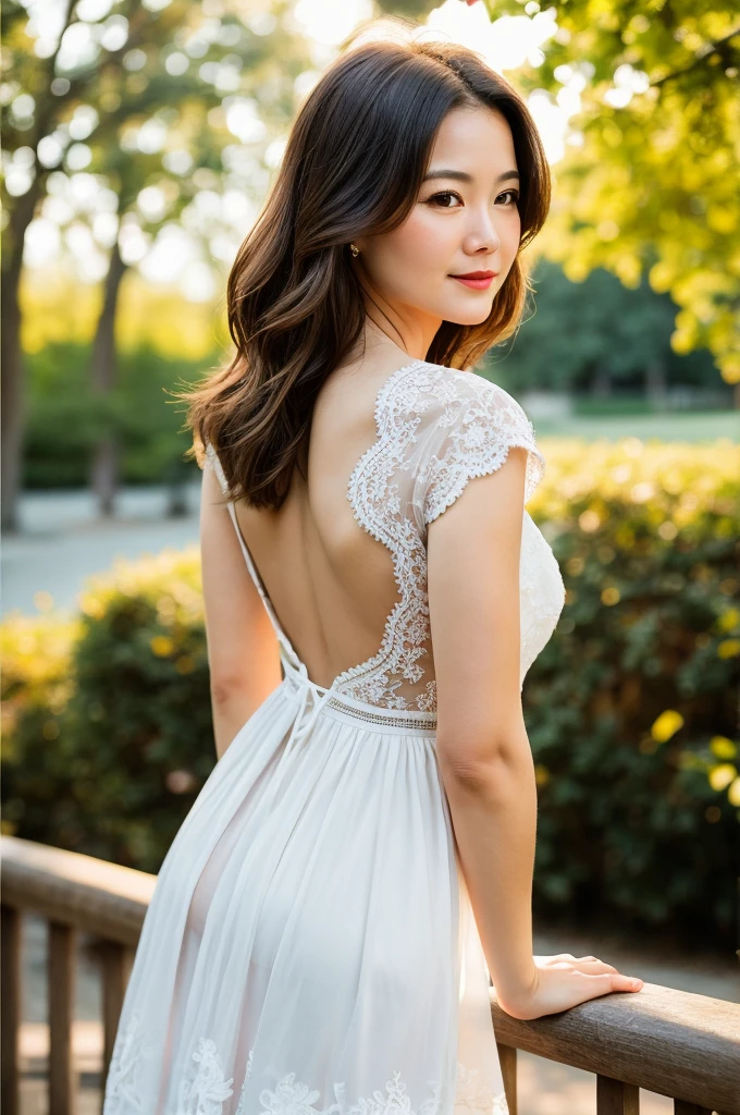 One girl, Mature Woman, photograph, Realistic, Highest quality, Detailed face, Detailed Background, Diffused sunlight, Depth of written boundary, Bokeh, China dress, sexy, Tribal pattern, back