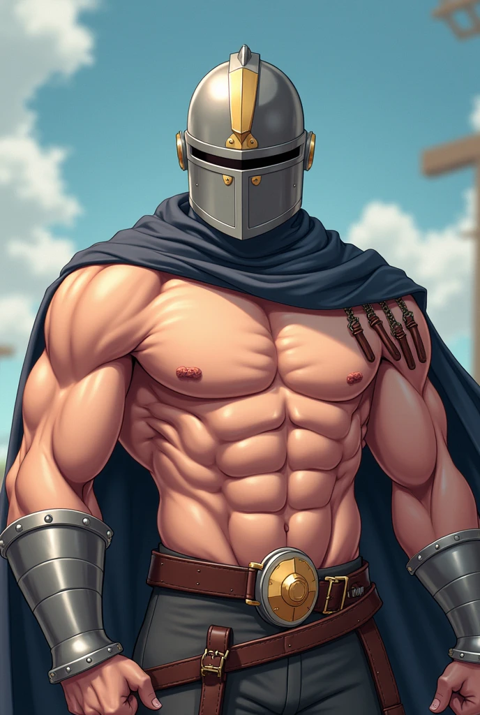 Knight, with helmet on, shirtless, bara, abs, cute, no armor, helmet on, oily body, big chest, nsfw, nipple, exclamation mark on its head, anime