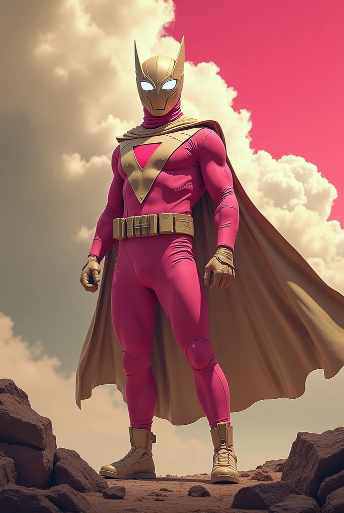 high-tech suit, posterize effects, malaysian superhero (KELUANG MAN) in a striking pink and biege costume stands confidently in a dramatic, stormy landscape. The character wears domino mask beige a helmet beige with pointed ears beige and a flowing cape beige color. Pink jumpsuit cyberpunk concept.. Equipped with beige visible futuristic weapons on a belt,((white glowing eyes)) they exude a powerful presence against a backdrop of swirling clouds and a red hue sky. The ground is uneven and rocky, adding to the intense atmosphere. Triangle shape logo on chest. Logo punisher on chest pink color.. --ar 3:4 --style raw --stylize 500 --v 6.1. red pink and beige costume,