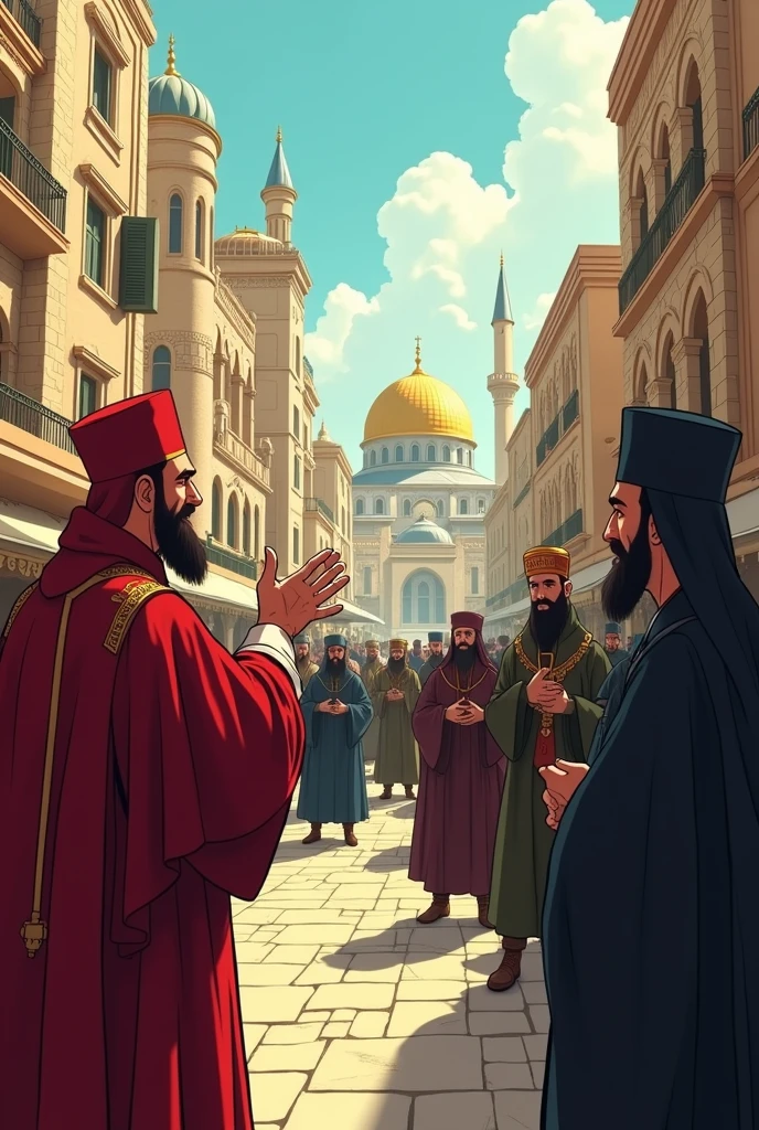 A bustling Ottoman street in Jerusalem, with a Catholic priest arguing with Russian Orthodox monks; the scene captures the cultural and religious tension of the time, in a detailed cinematic cartoon style."
