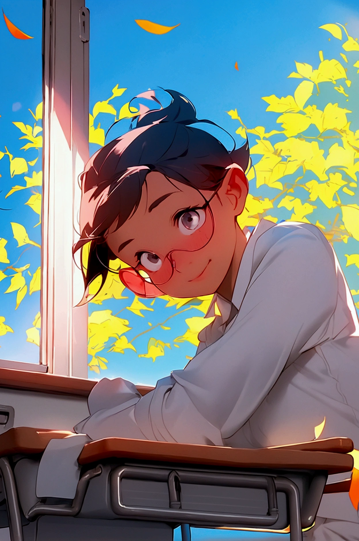 The classroom is filled with sunlight, and the desk in front of me has several school desks. White curtains flutter outside the window, with a blue sky and green trees. Leaves are falling on the desk. The scene is drawn in the style of cartoons, anime, and illustrations. It has a high resolution with bright colors, high details, and high quality. The full body shot is drawn in the style of 2D game art with highlights.