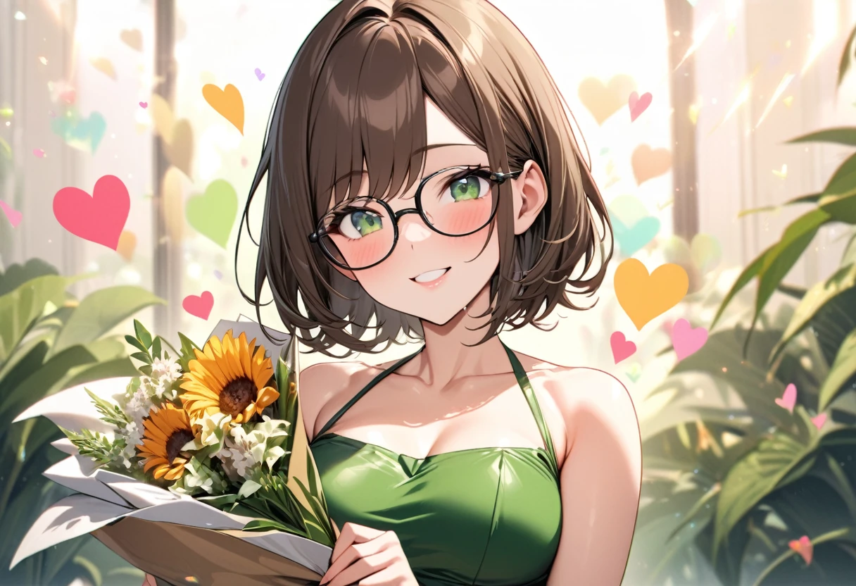 (Thanksgiving style), (pov, solo:2 32yo) (detailed bob) (sexy beautiful brown hair short hair), (best beauty woman) (immensely sexy green eyes, glasses) (ecstasy smile) (glossy lip) (medium:1.4 tits), in a best cute green elegant adult dress with double exposure:1.2 water and love hearts, break, hand holding a beautiful detailed big bouquet, break, in the Ceremony venue, ((background font is "MB")), BREAK, perfect anatomy, masterpiece, best quality, 16k, beautiful detailed thanks, daydreaming expression.