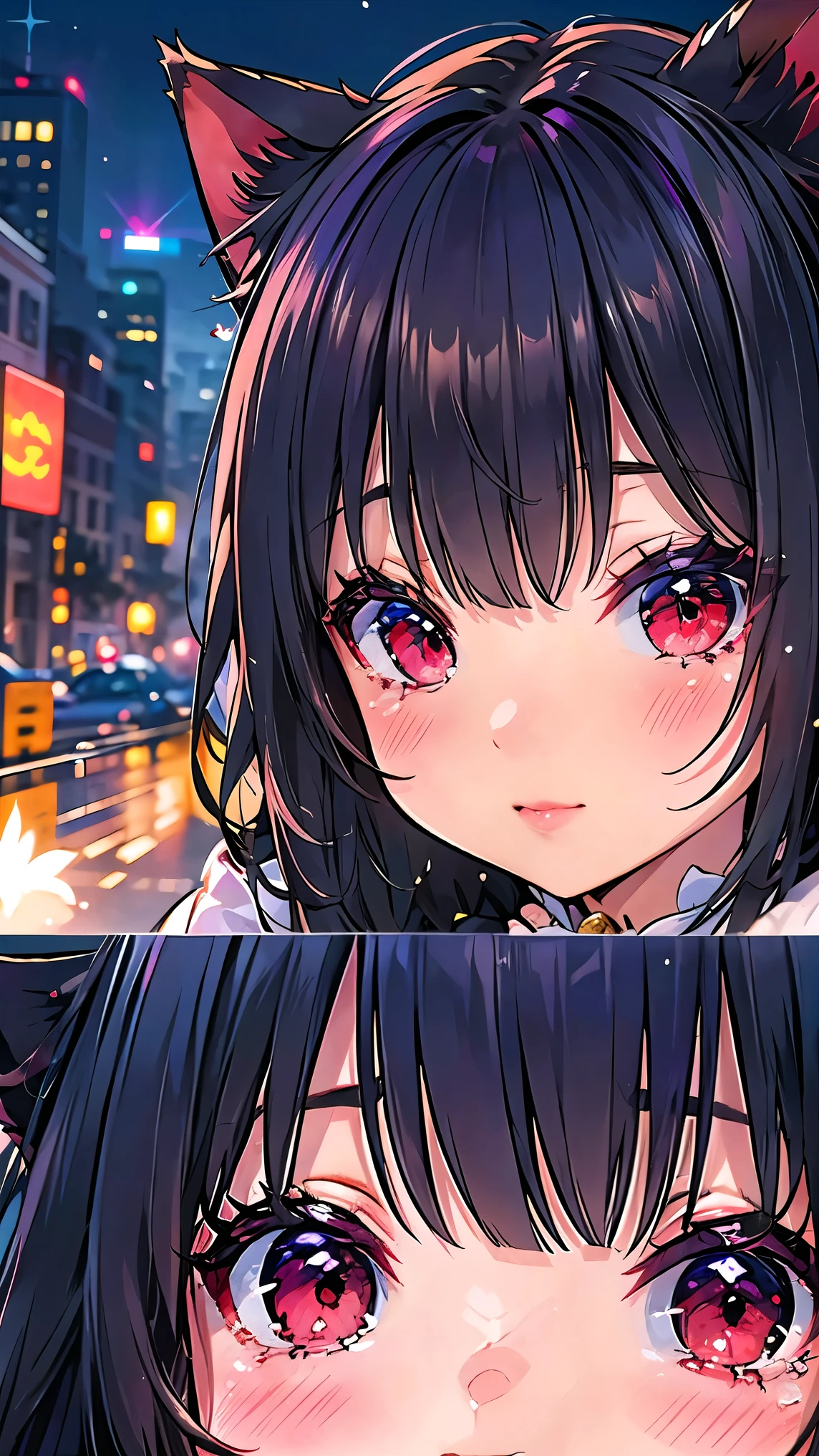 (junkotvv cat ears, red eyes, black hair) Close-up of a person with tears running down their cheeks.。Shoot to make emotions visible、super masterpiece、detailed、very pretty girl、、movie scenes、