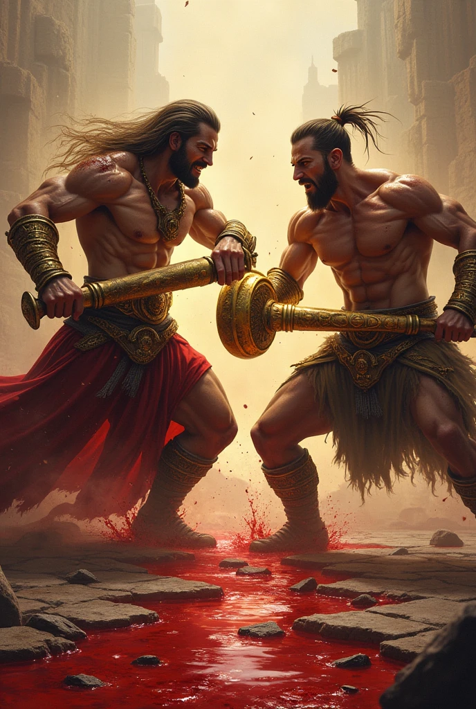 Two great warriors are fighting each other holding their mace fight ,both holding their maces,maces are looking like golden round maces and fight each other ,great bodies with six pack muscular bodies and blood on their bodies ,in that area blood flows like small water river
